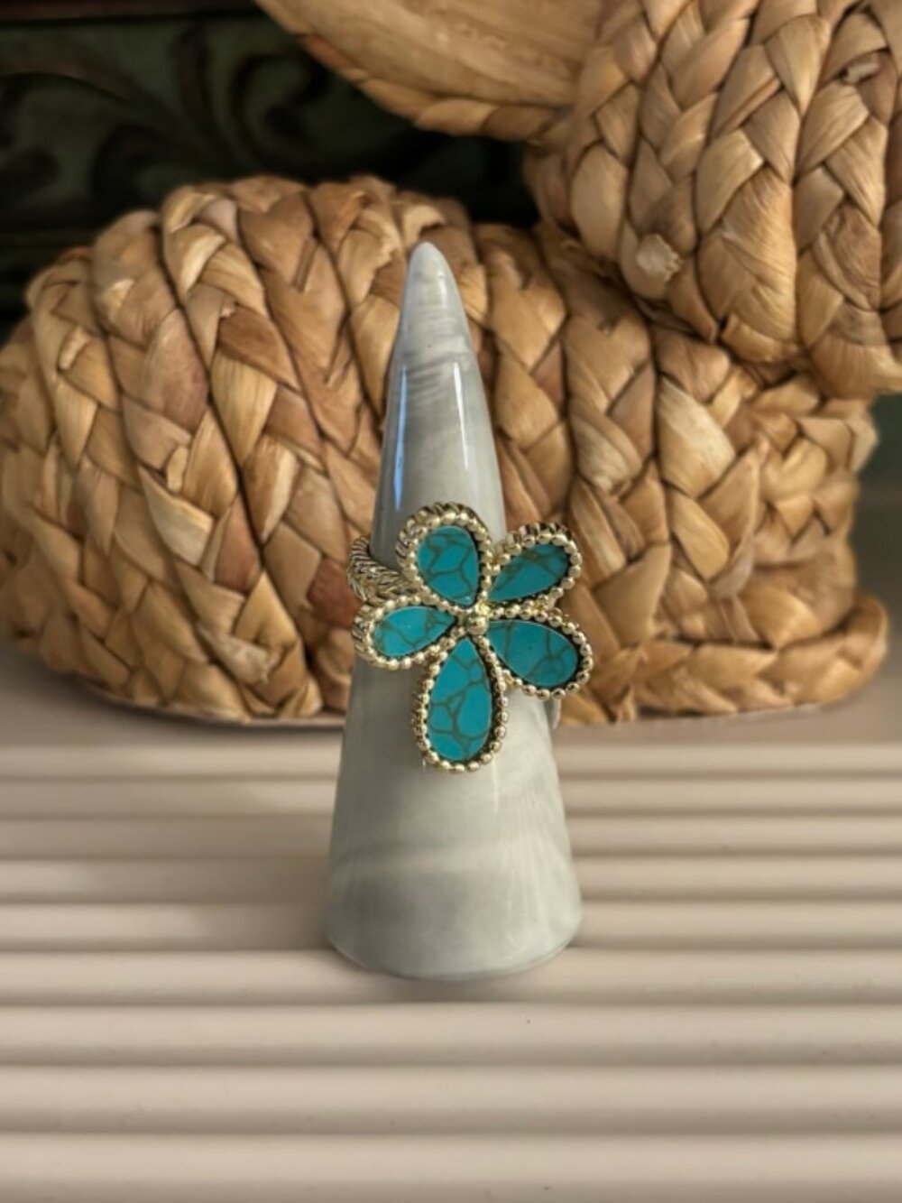 Turquoise flower ring on gold